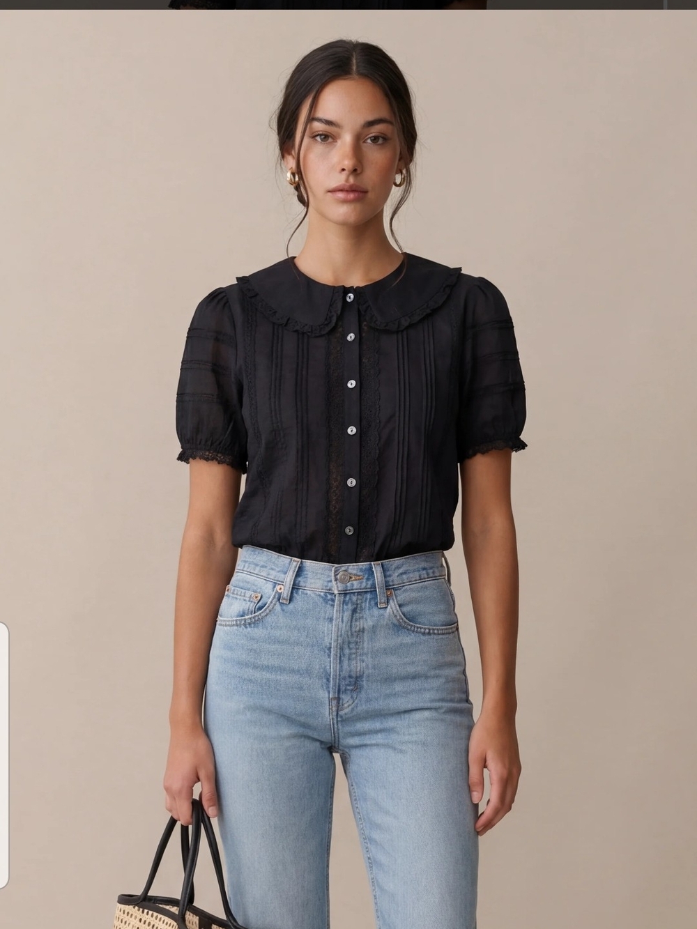 Black Peter Pan Collar Button-Down Blouse